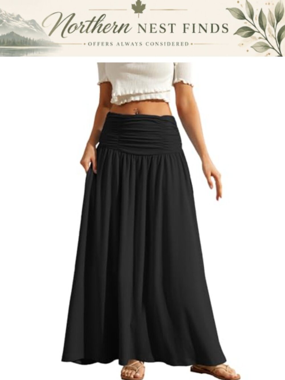 Women's Maxi Skirt Stretchy Ruched High Waisted Flowy A-Line with Pockets